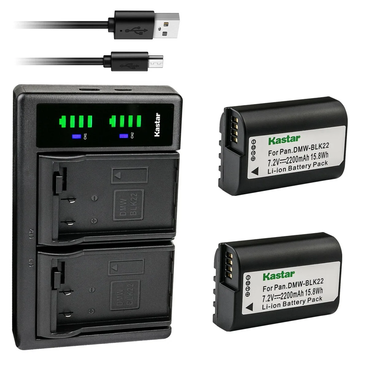 Kastar Kastar DMW-BLK22 2200mAh 2-pack battery and LTD2 USB charger — product photo