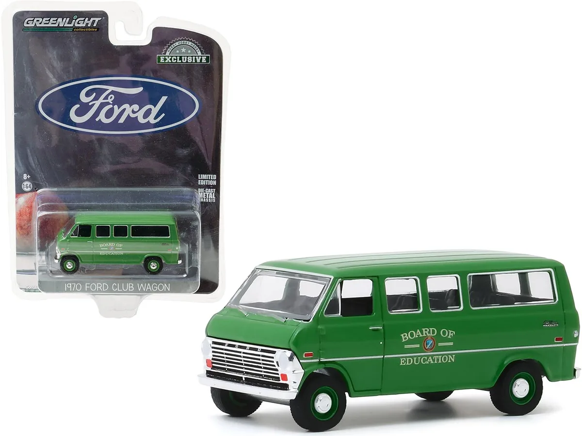 GREENLIGHT GREENLIGHT 1970 Ford Club Wagon Van Green "Board of Education" "Hobby Exclusive" 1/64 vehicle — product photo