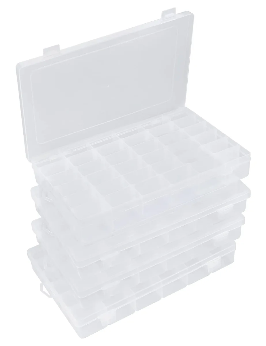 Four clear plastic organiser boxes with 36 compartments each, removable dividers and secure latches