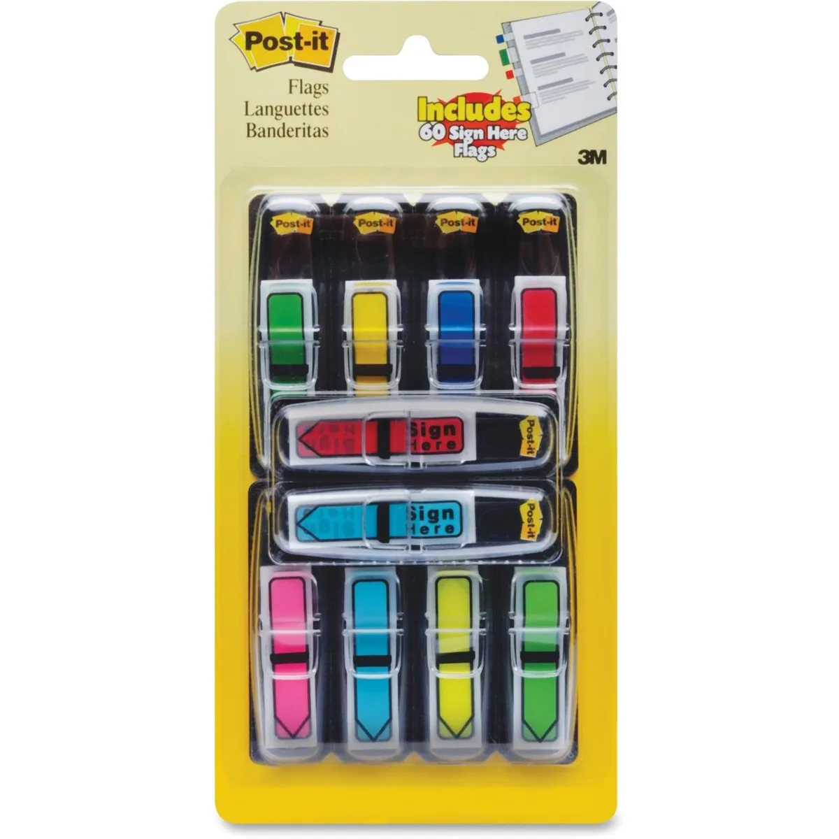 Multicolored arrow-shaped sticky flags in a clear dispenser pack
