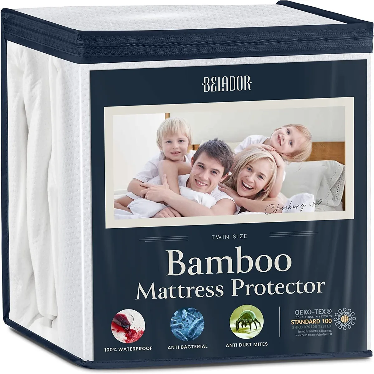 White rectangular fitted mattress protector with bamboo fabric top visible