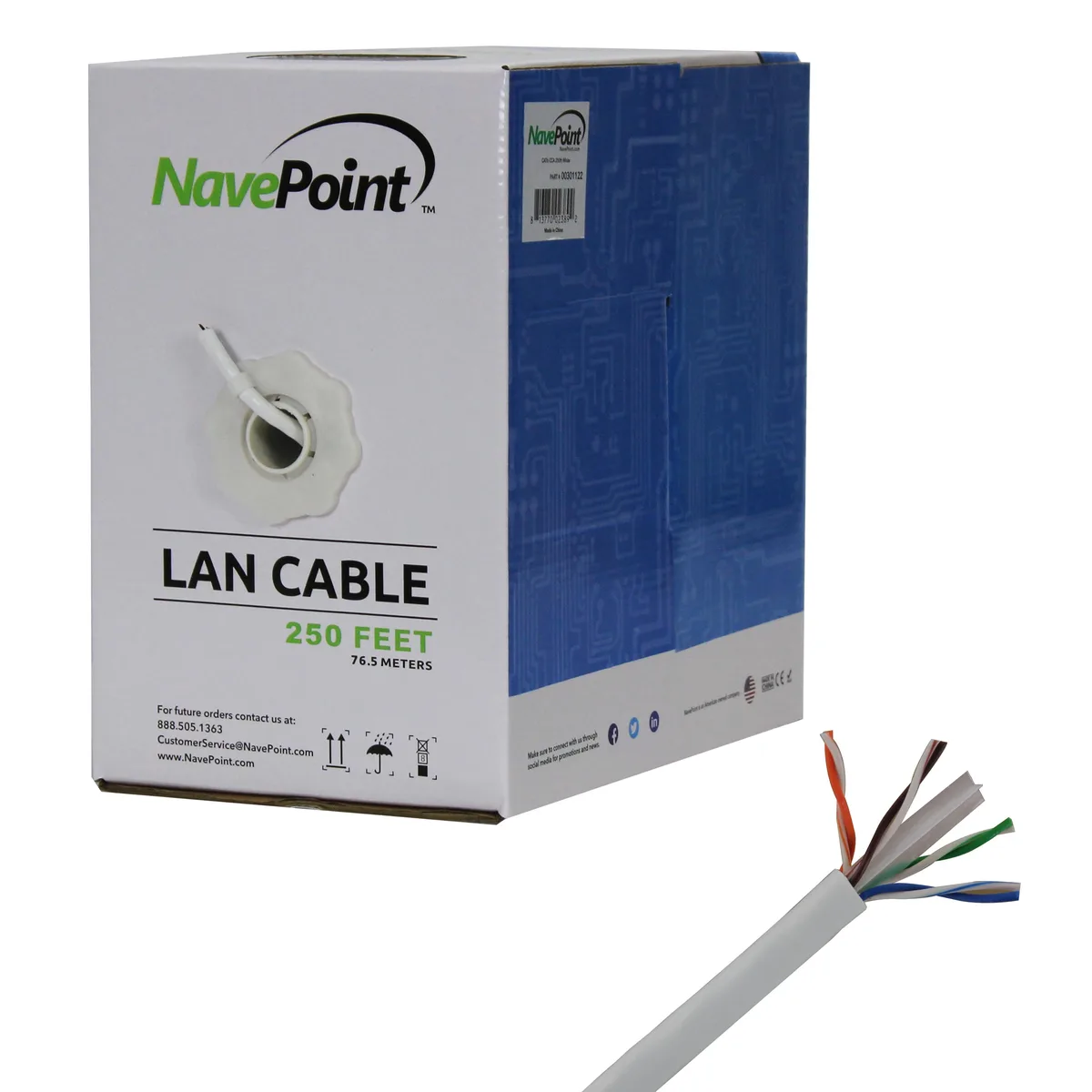 White pull box containing 250ft CAT6 CCA UTP Ethernet cable