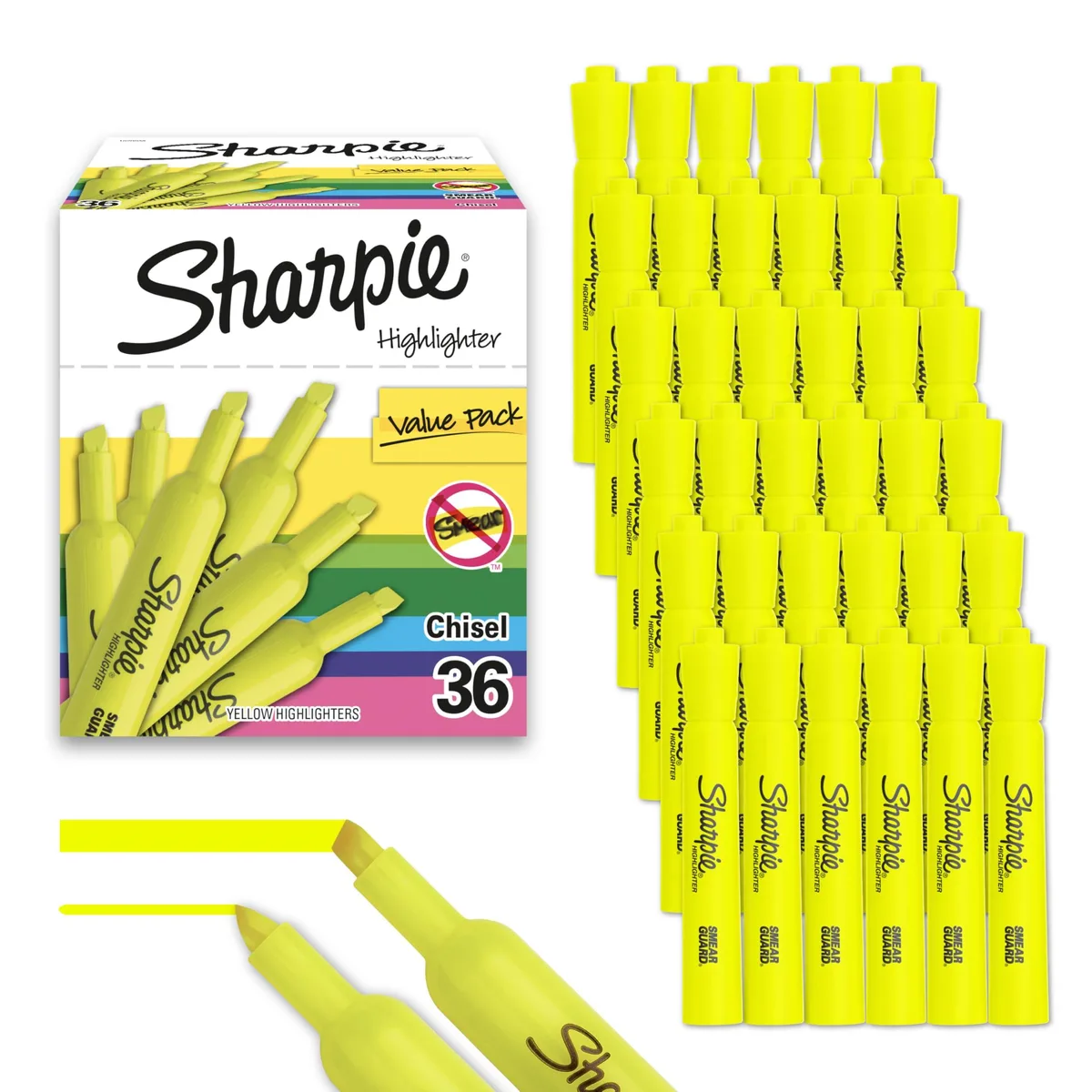 Rectangular yellow highlighter pens with chisel tips in bulk 36-count packaging