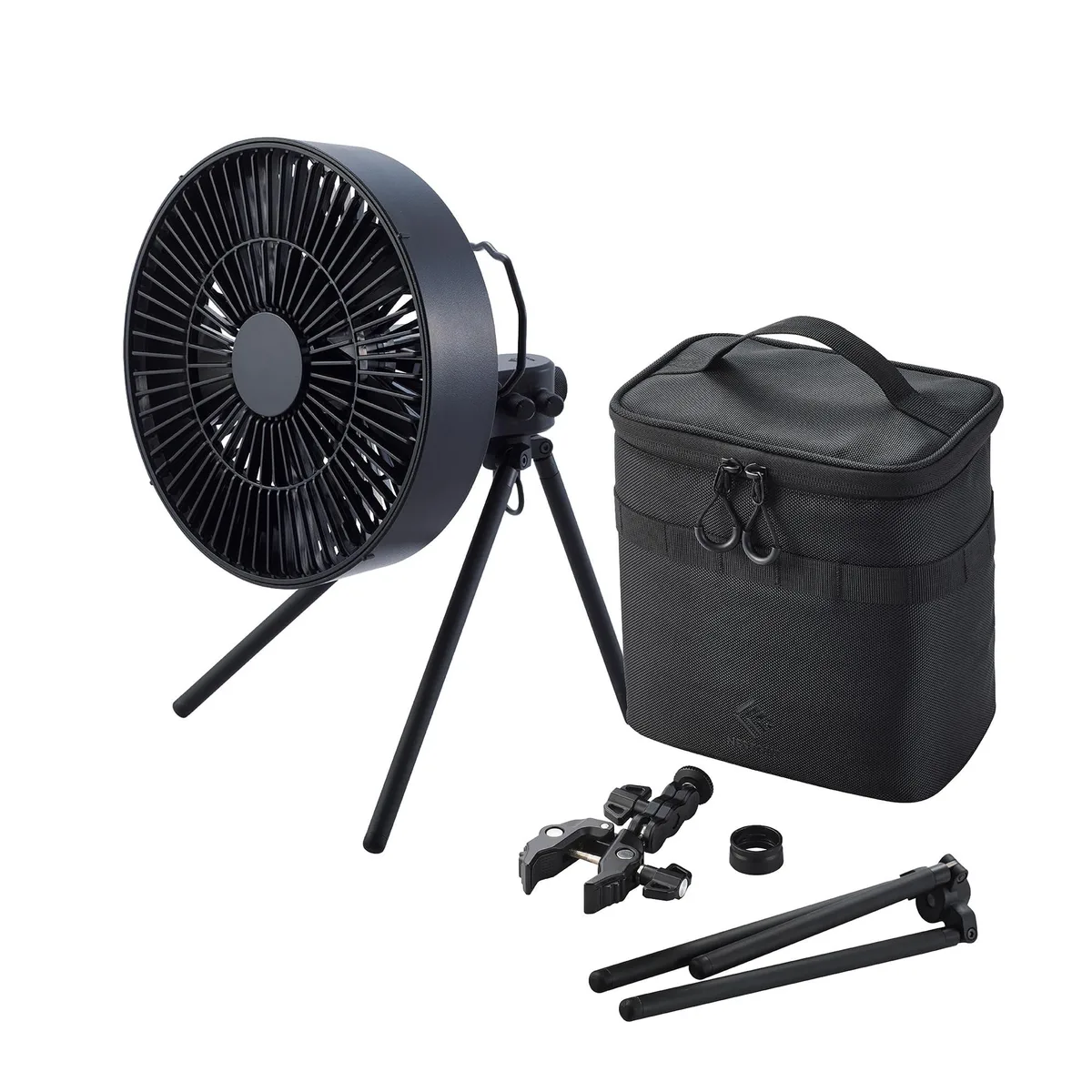 Black cylindrical fan on a silver tripod with powder-coated finish and tactile knob control