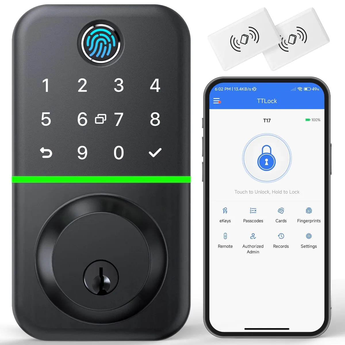 Black rectangular smart deadbolt with fingerprint reader, keypad and thumbturn, 3.02 by 1.18 by 5.48 inches