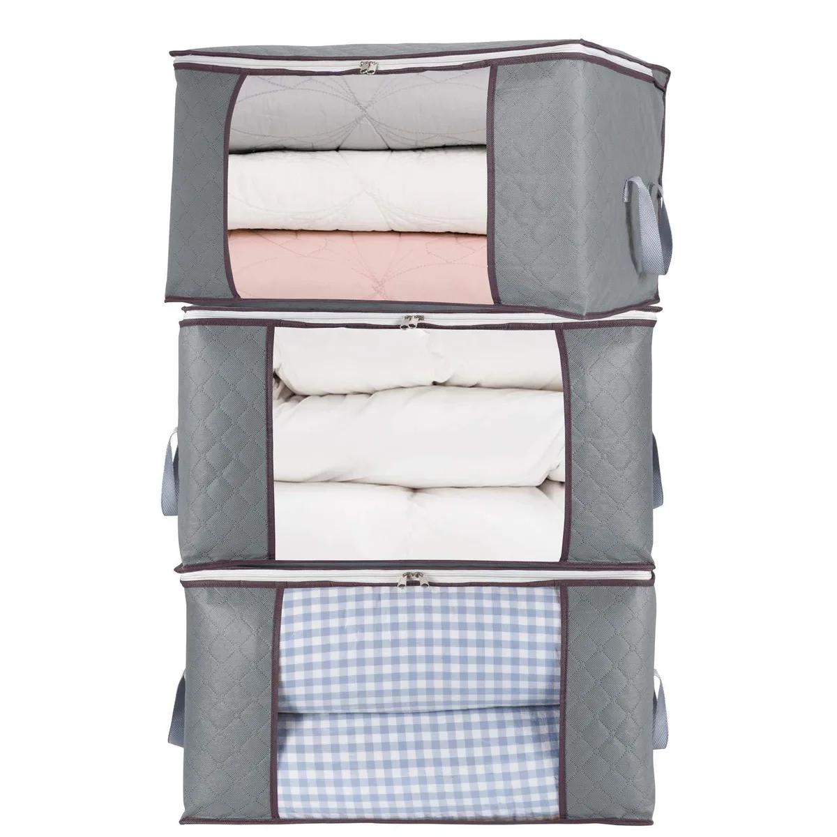 Three rectangular fabric storage bags with transparent windows and carry handles, folded flat