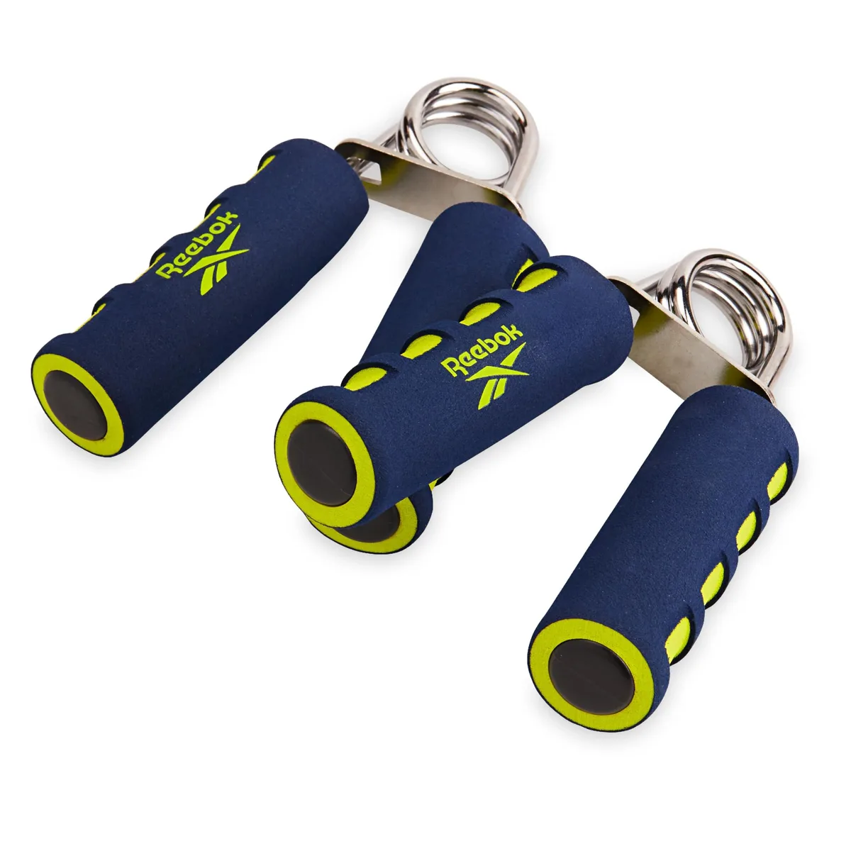 Two blue hand grips with coiled springs and foam handles