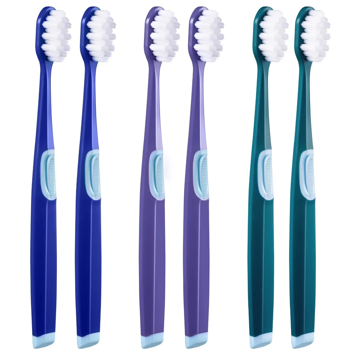 Six white manual toothbrushes with diamond-shaped heads and ultra-fine bristles