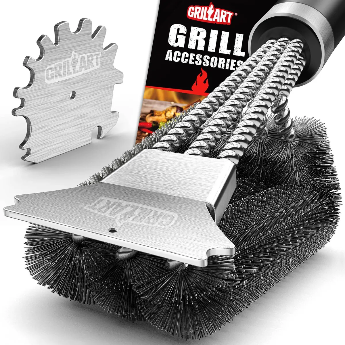 Metra 18 inch BBQ grill cleaning kit with triple brush heads and double scraper, stainless steel, long handle