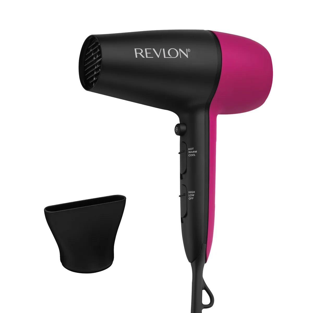 Black Revlon hair dryer with concentrator nozzle, lightweight cylindrical body, matte finish