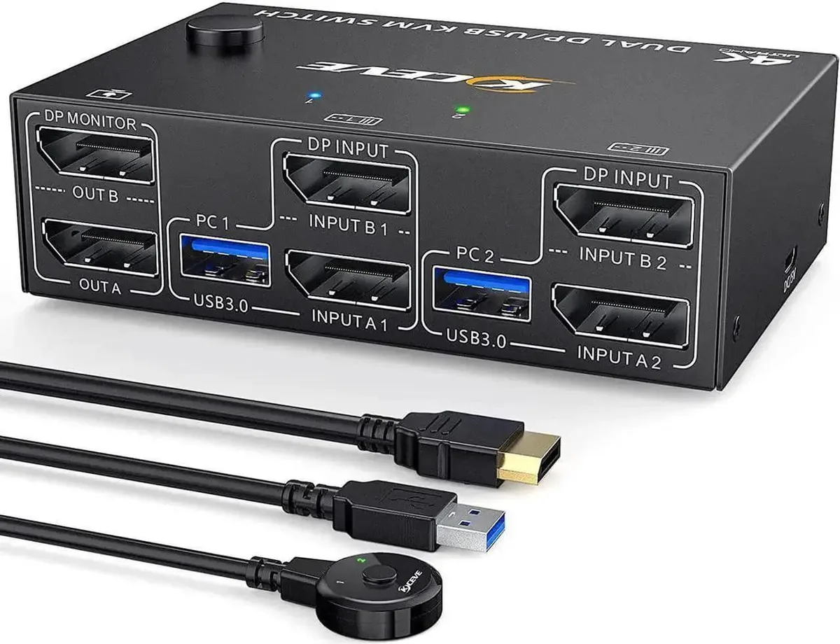 Vszerda Vszerda 2-Port Dual Monitor DP 1.4 KVM Switch 8K 30Hz 4K 60Hz 4×USB 3.0 Wired Remote — product photo