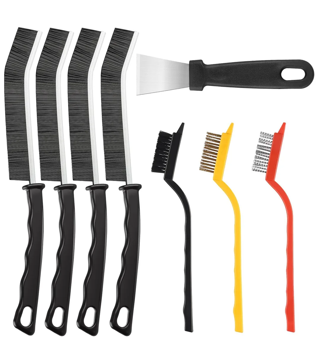 Eight assorted cleaning brushes with angled heads and ergonomic handles