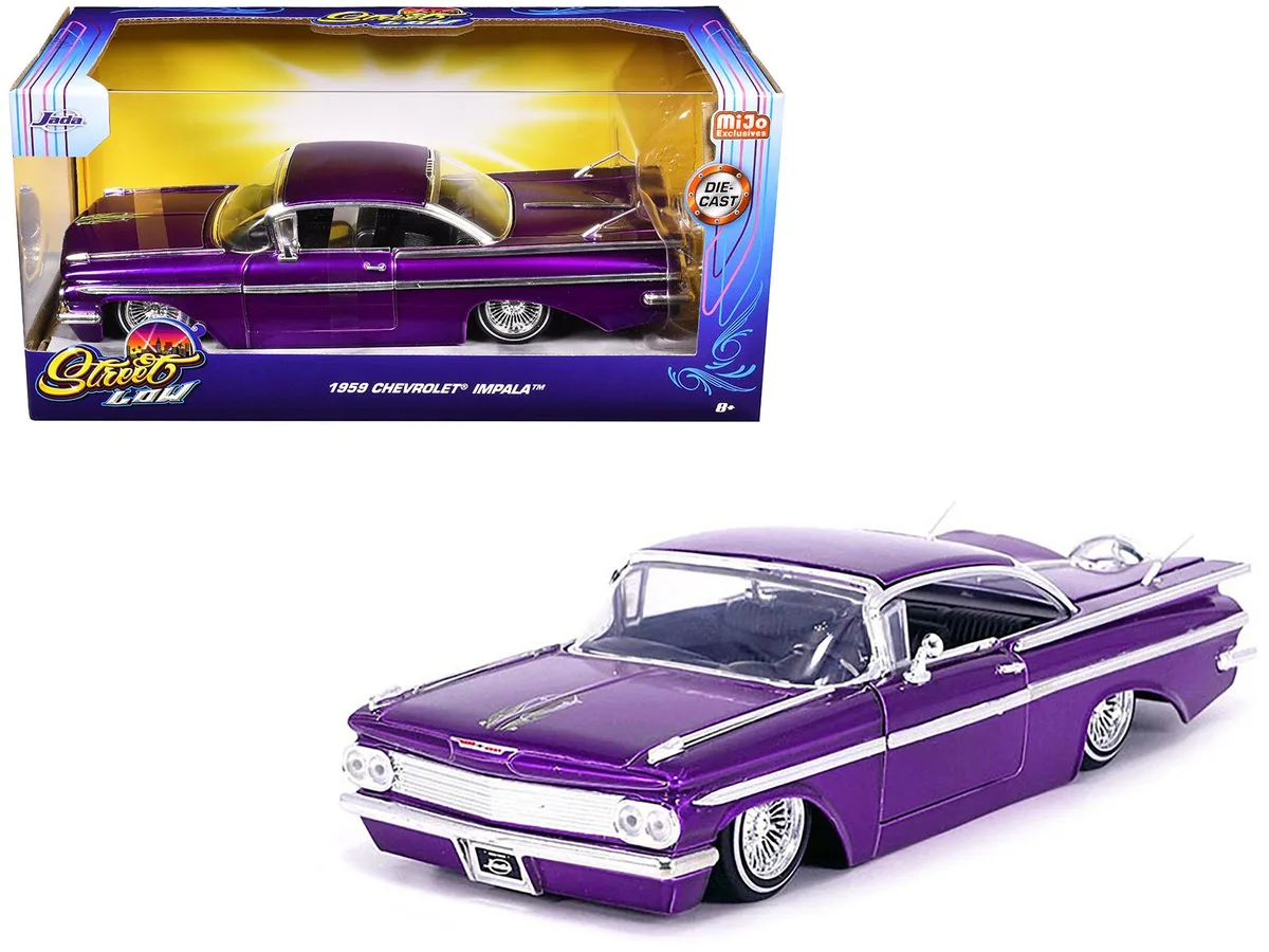Jada Jada 1959 Chevrolet Impala Lowrider Candy Purple Wire Wheels Street Low 1/24 Diecast — product photo
