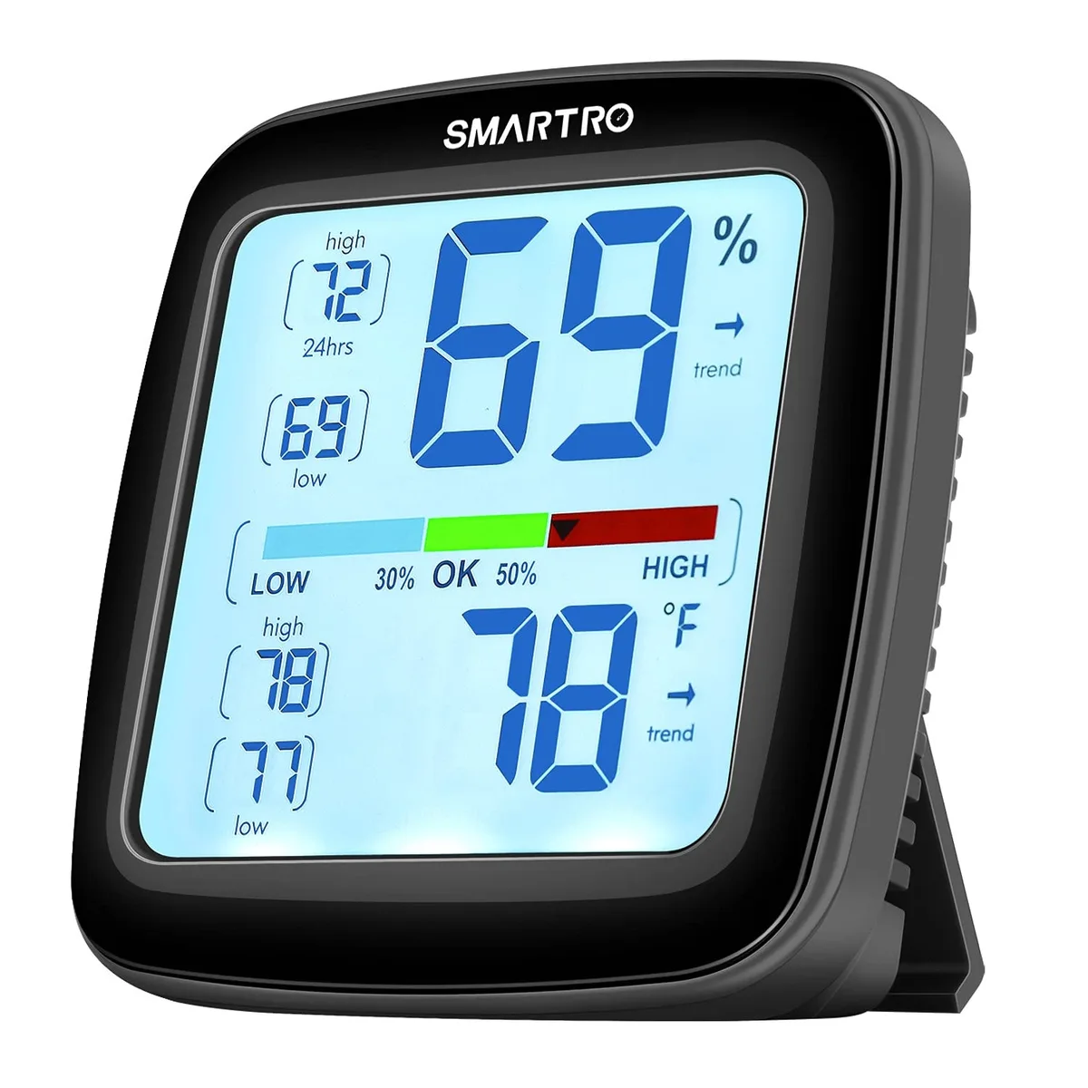 Black rectangular hygrometer with 3.5 inch backlit display, retractable stand and magnets