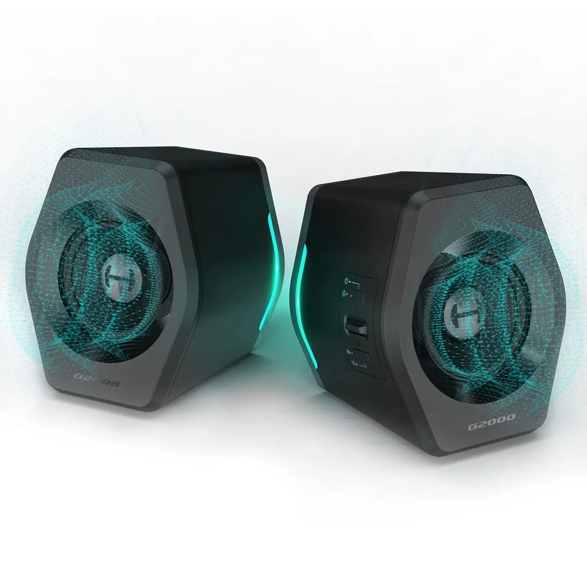 Pair of black column speakers with matte finish, RGB lighting, 180 cm cable, 10-degree tilt