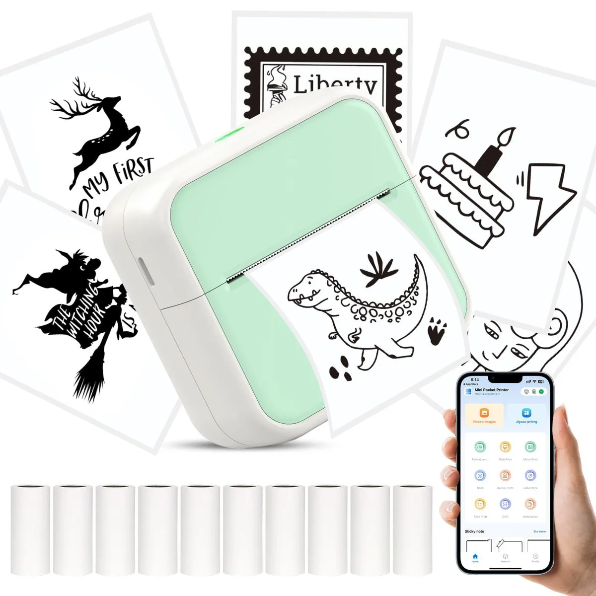 Green pocket thermal printer with 10 paper rolls
