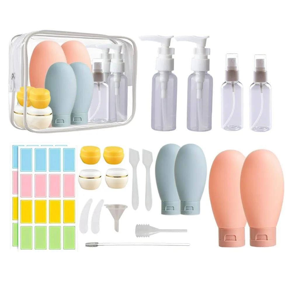 A 21-piece travel toiletry kit with multi-colour bottles, jars, spray bottles and mini containers inside a toiletry bag
