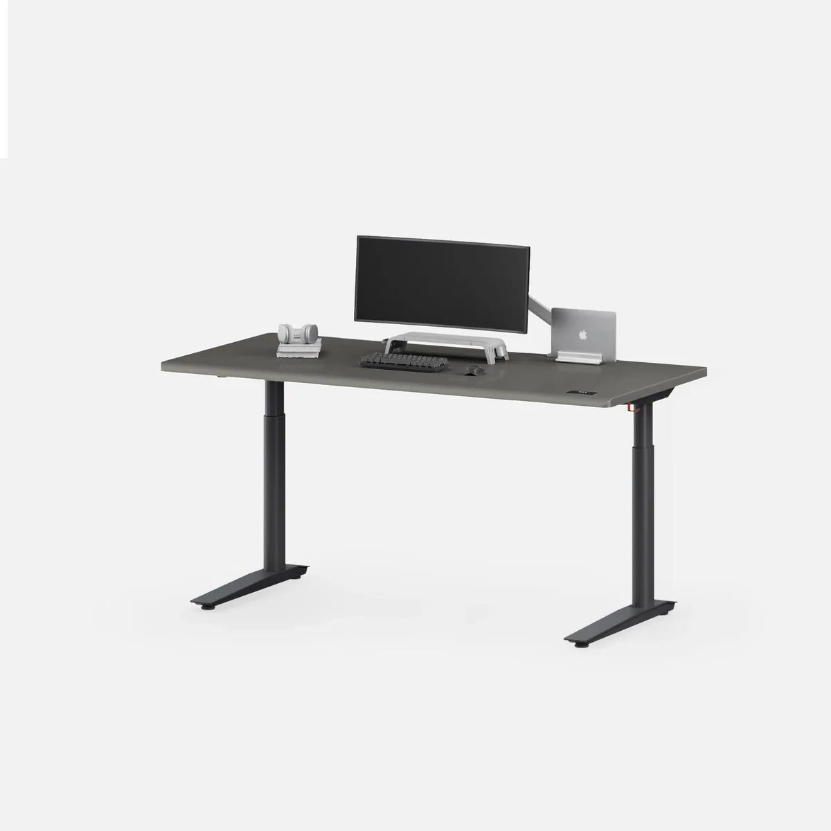 Meteor grey standing desk with matte powder-coated finish and C-shaped steel legs