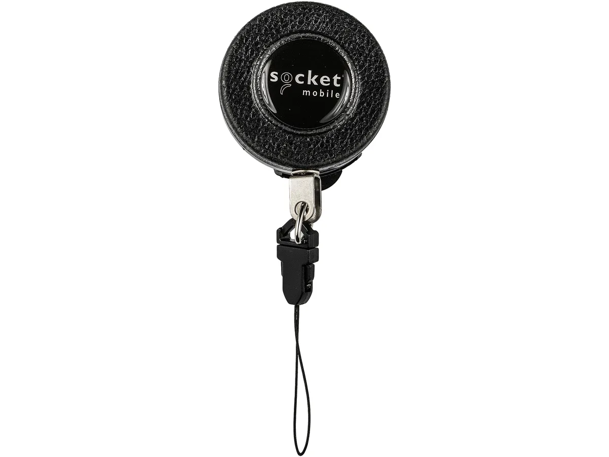 Black retractable pull reel clip with stainless steel chain and swivel belt attachment