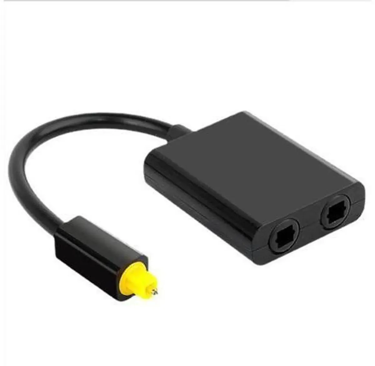 Small black plastic box with one Toslink input and two Toslink outputs on short cables