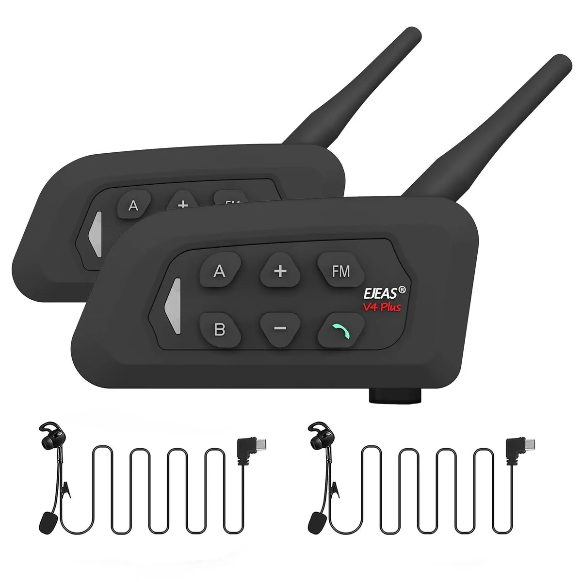 EJEAS EJEAS V4C Plus 2 in 1 accessory 4 referees 800m 1500m CVC 750mAh 24h IP65 FM radio 2 pack — product photo