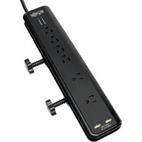 Tripp Lite Tripp Lite TLP606DMUSB surge protector 6 outlets 6 ft cord 2100 joules 2 USB 2.1A clamp mount — product photo