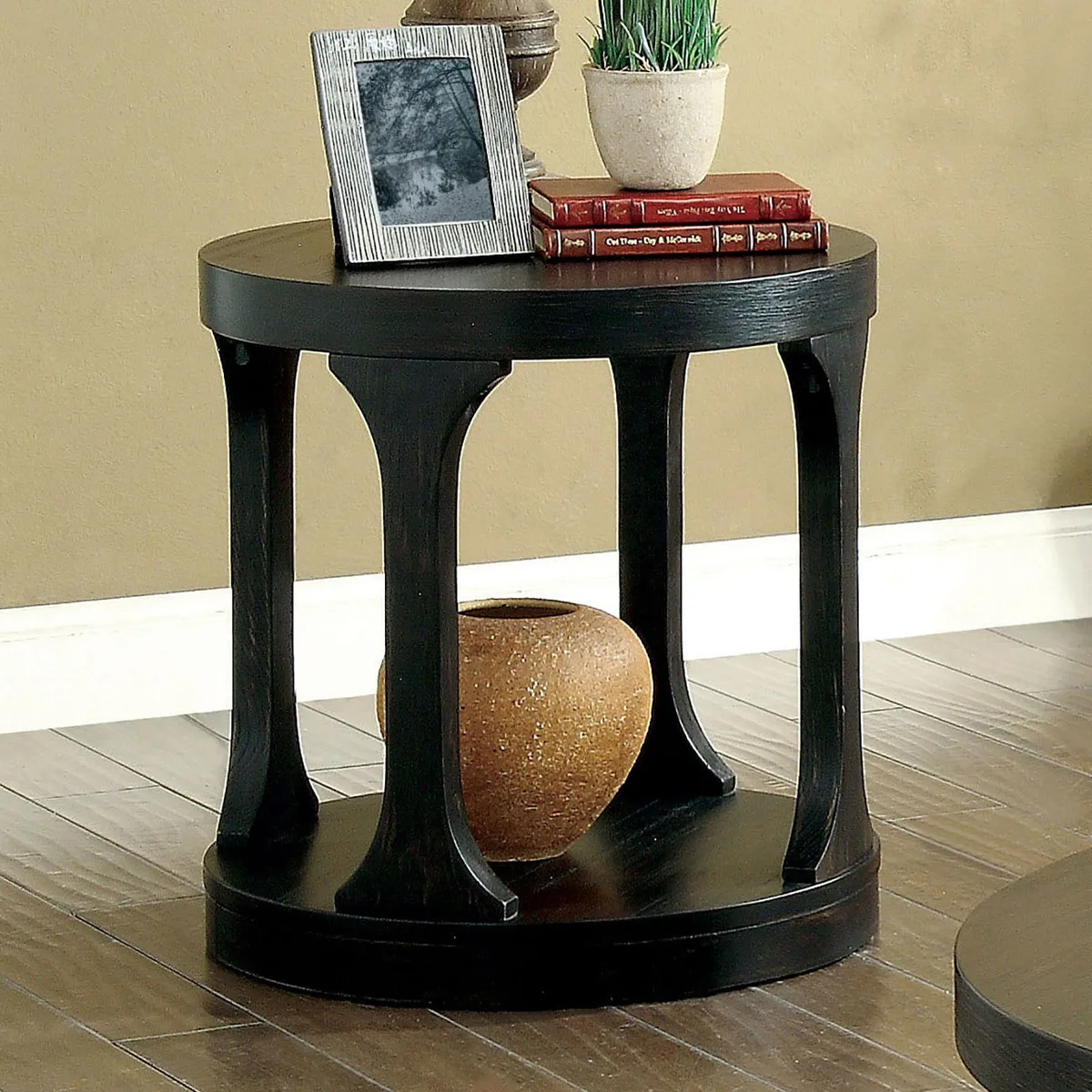 tuphen tuphen Antique Black Round End Table with Open Shelf — product photo