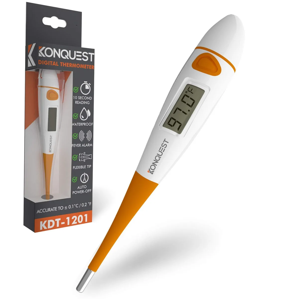 White and orange digital thermometer with flexible tip and LCD screen