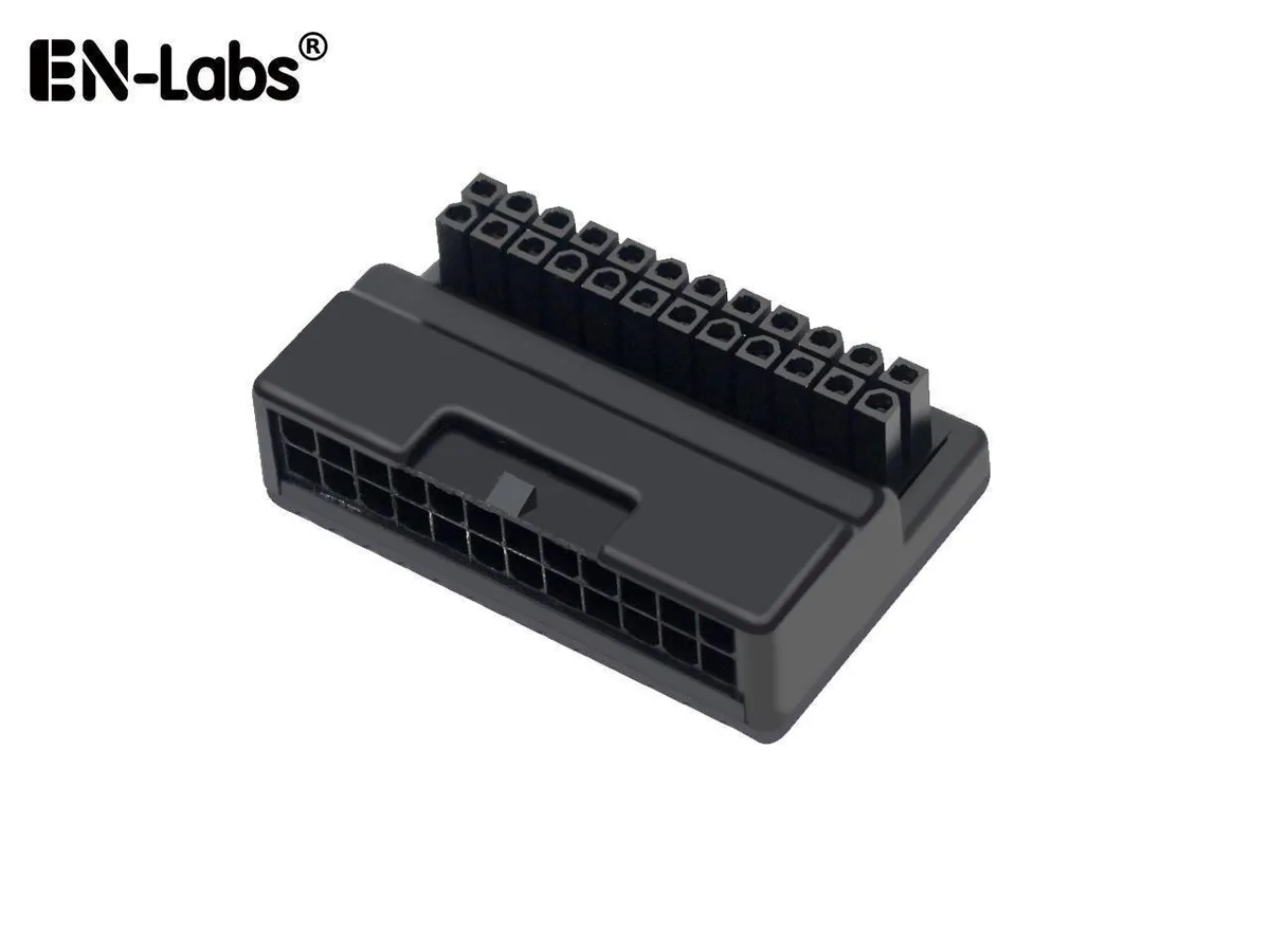Black rectangular 24-pin ATX right-angle adapter with PVC overmold and printed label