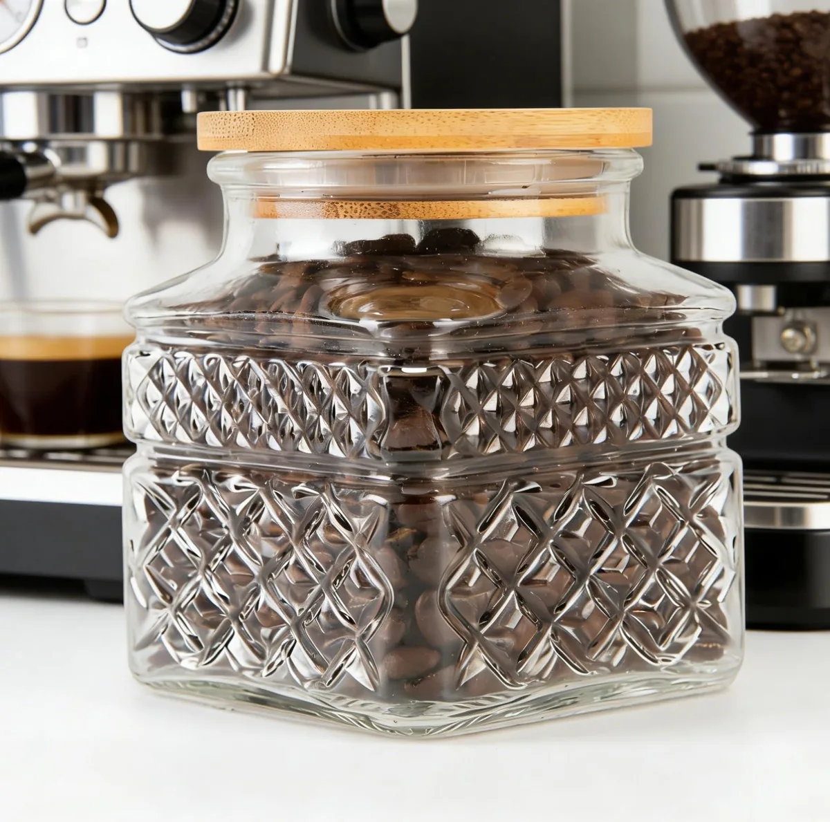 Clear square glass jar with bamboo lid, 3.9 inches wide, 5.5 inches tall
