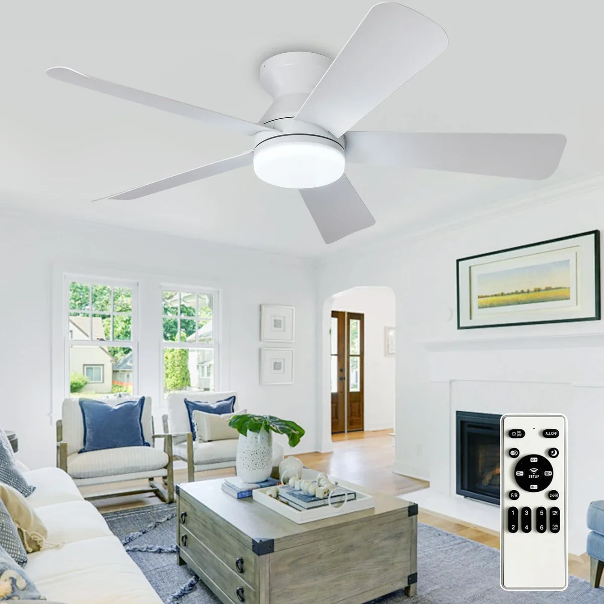 Black low-profile ceiling fan with five blades and integrated LED light kit