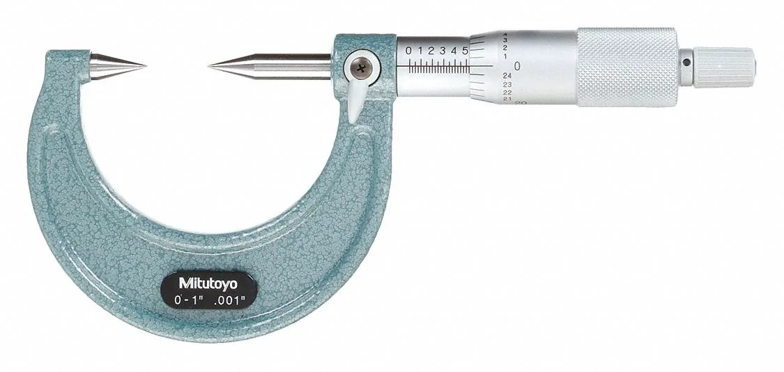 Mitutoyo 112-237 point micrometer, 0-1 inch range, 30-degree carbide anvil, ratchet thimble, IP65, plastic case included