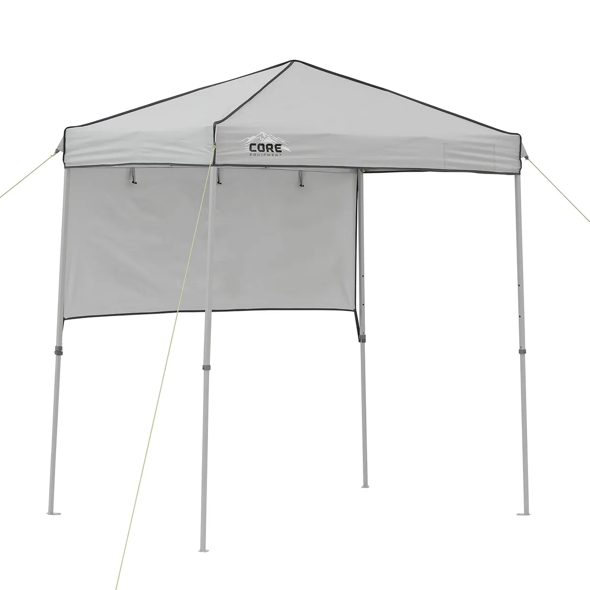 Gray pop-up canopy tent with half sun wall, alloy steel frame, polyester cover, carry bag included