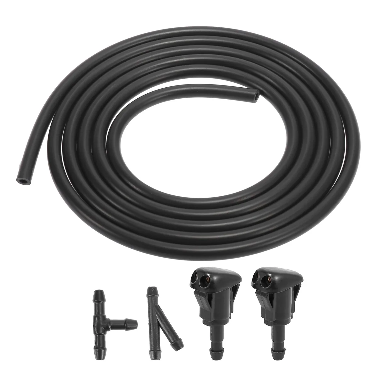 Black plastic windshield washer nozzle kit with hose and connectors