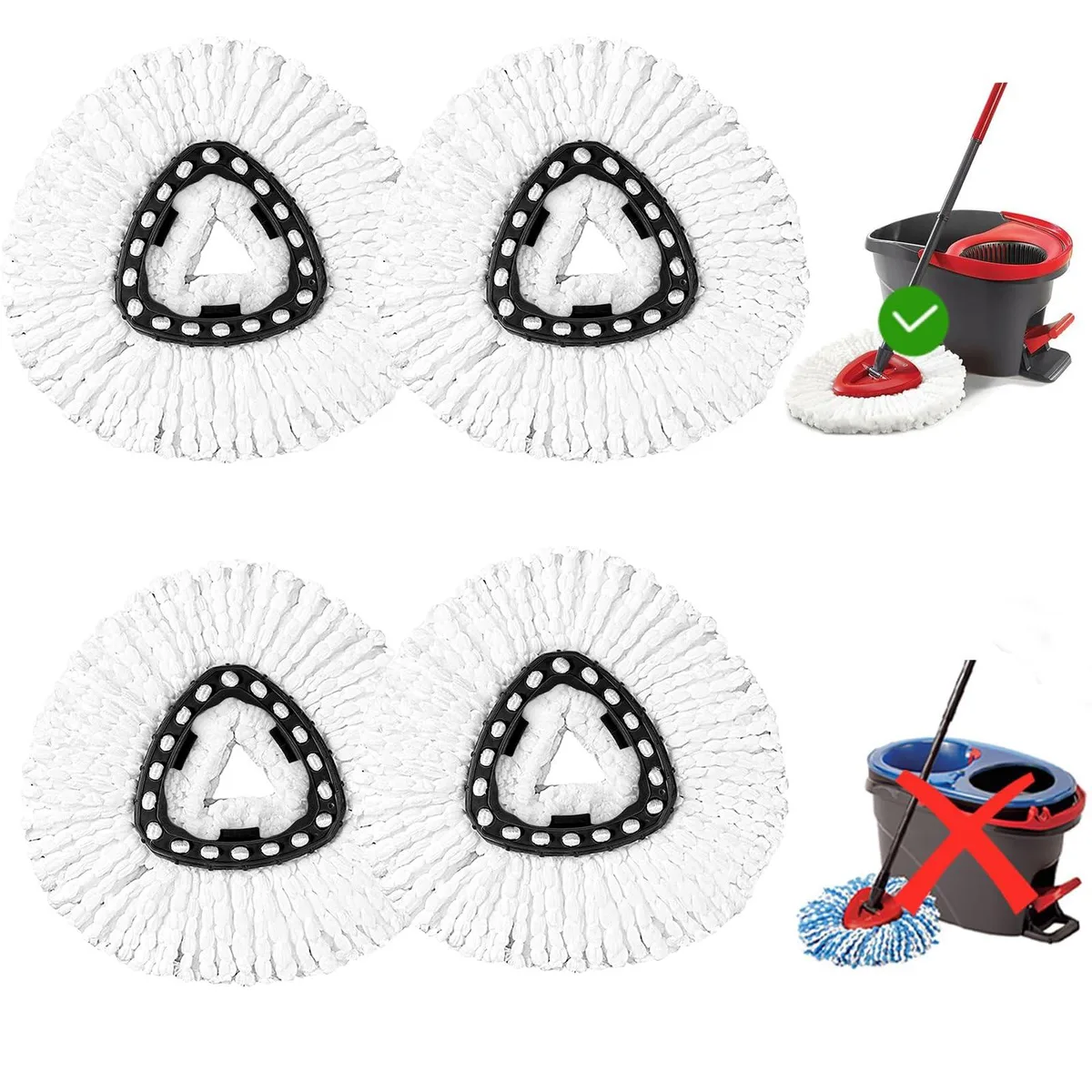 Four white microfiber mop heads in clear packaging