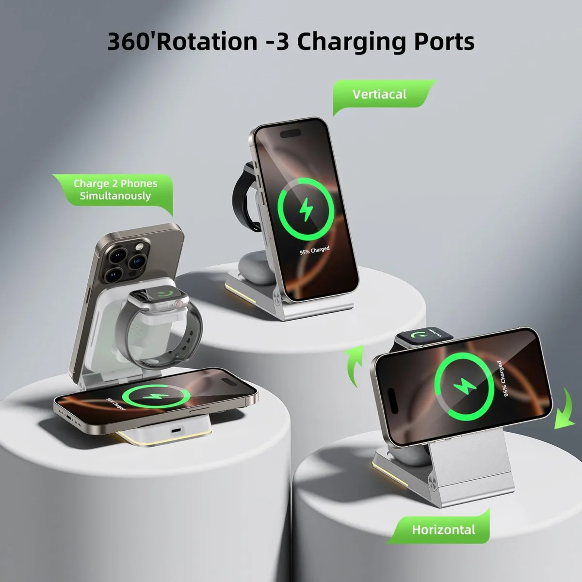 Foldable aluminium 3-in-1 wireless charger with night light, 239g