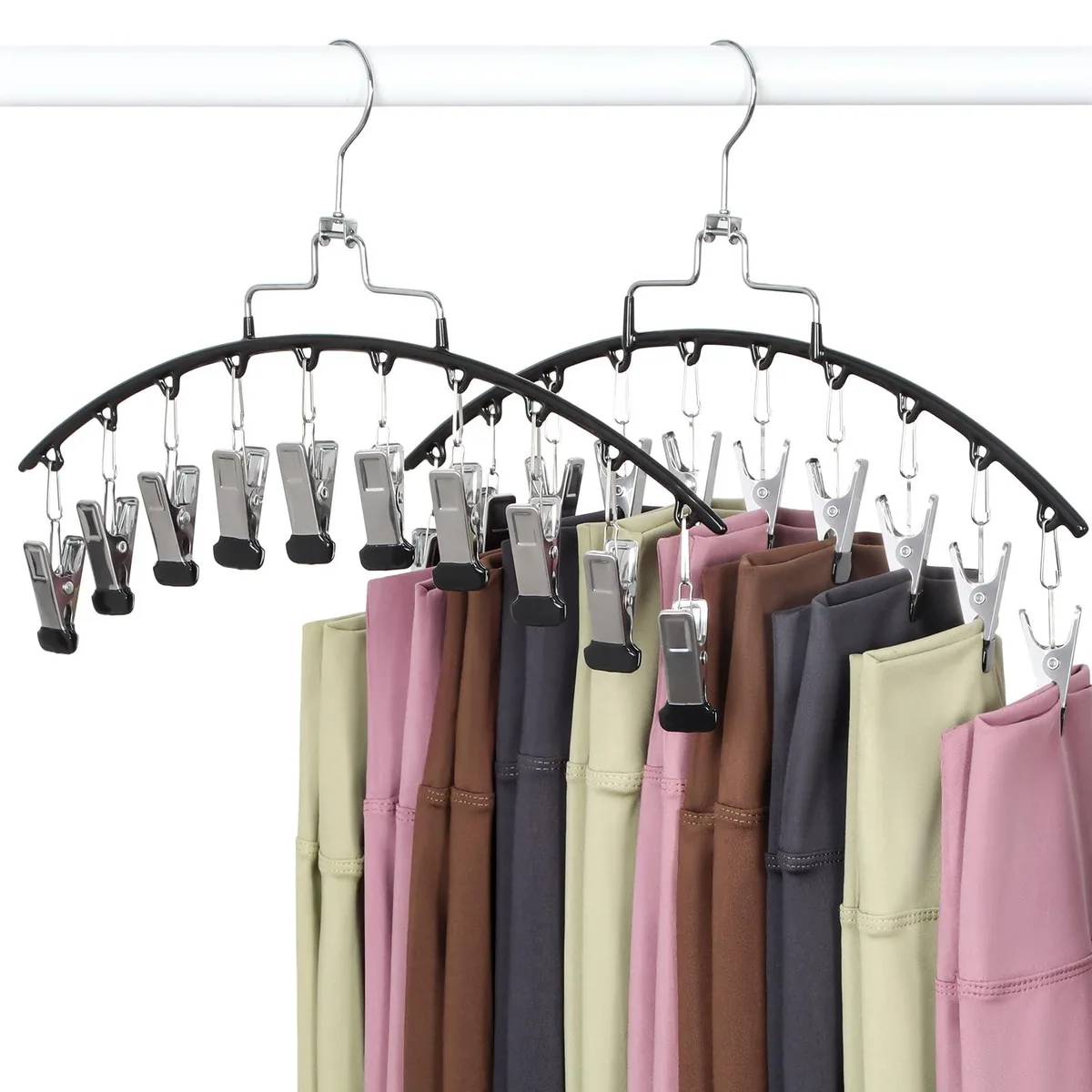 Two grey metal hangers each with ten clips and a swivel hook