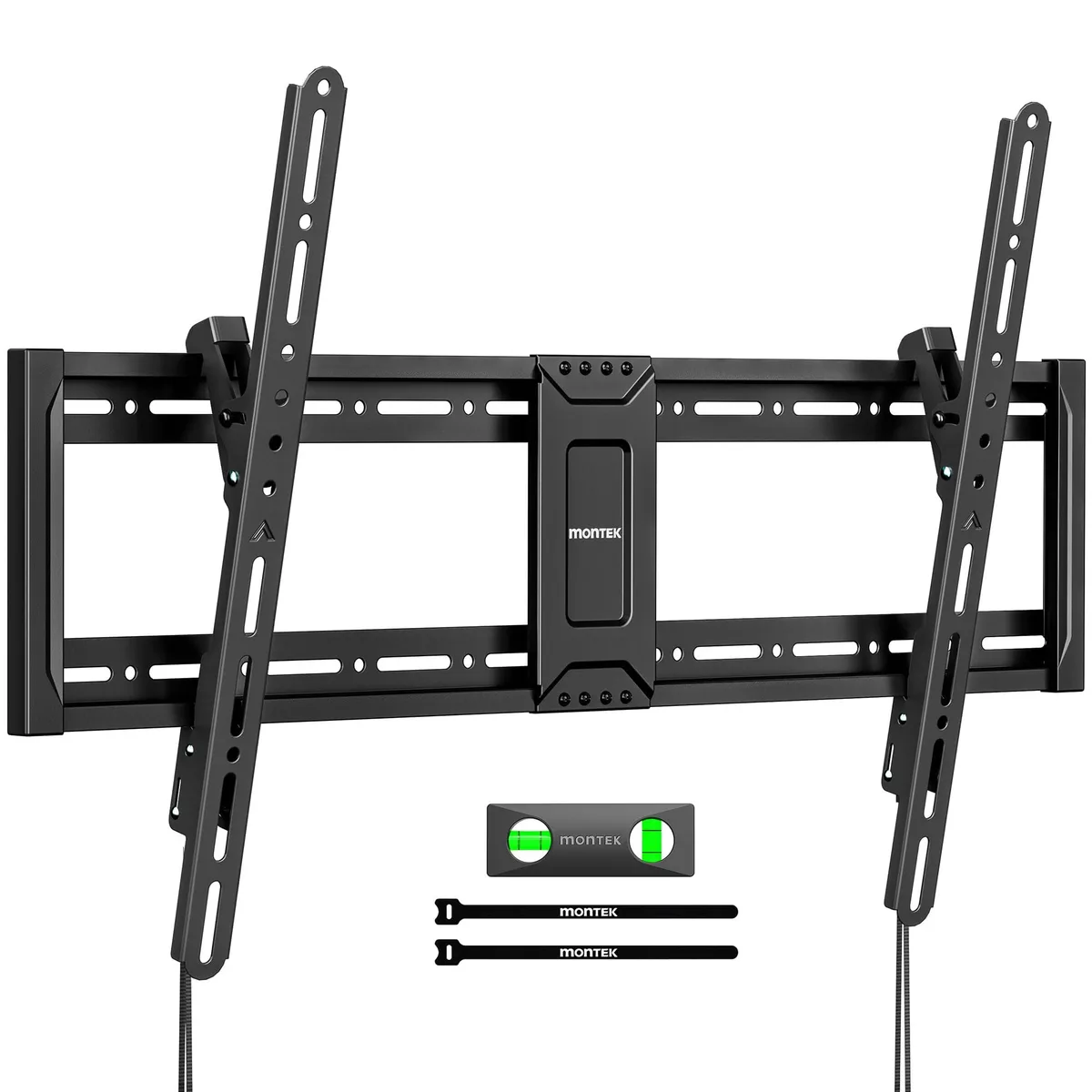 Black steel tilting TV wall mount with slim rectangular bracket and visible hinge arms