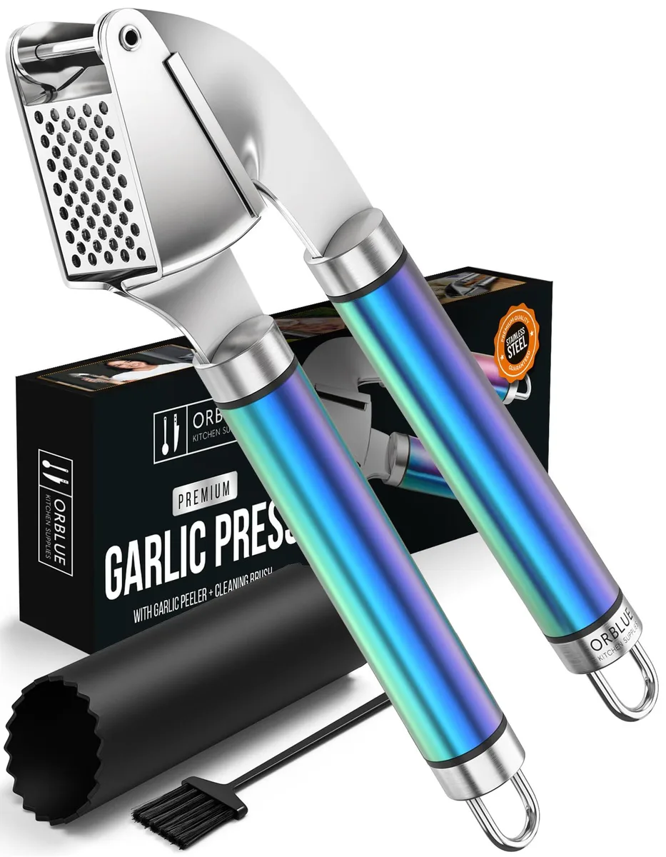 Stainless steel garlic press with multi-coloured handles and peeler tube