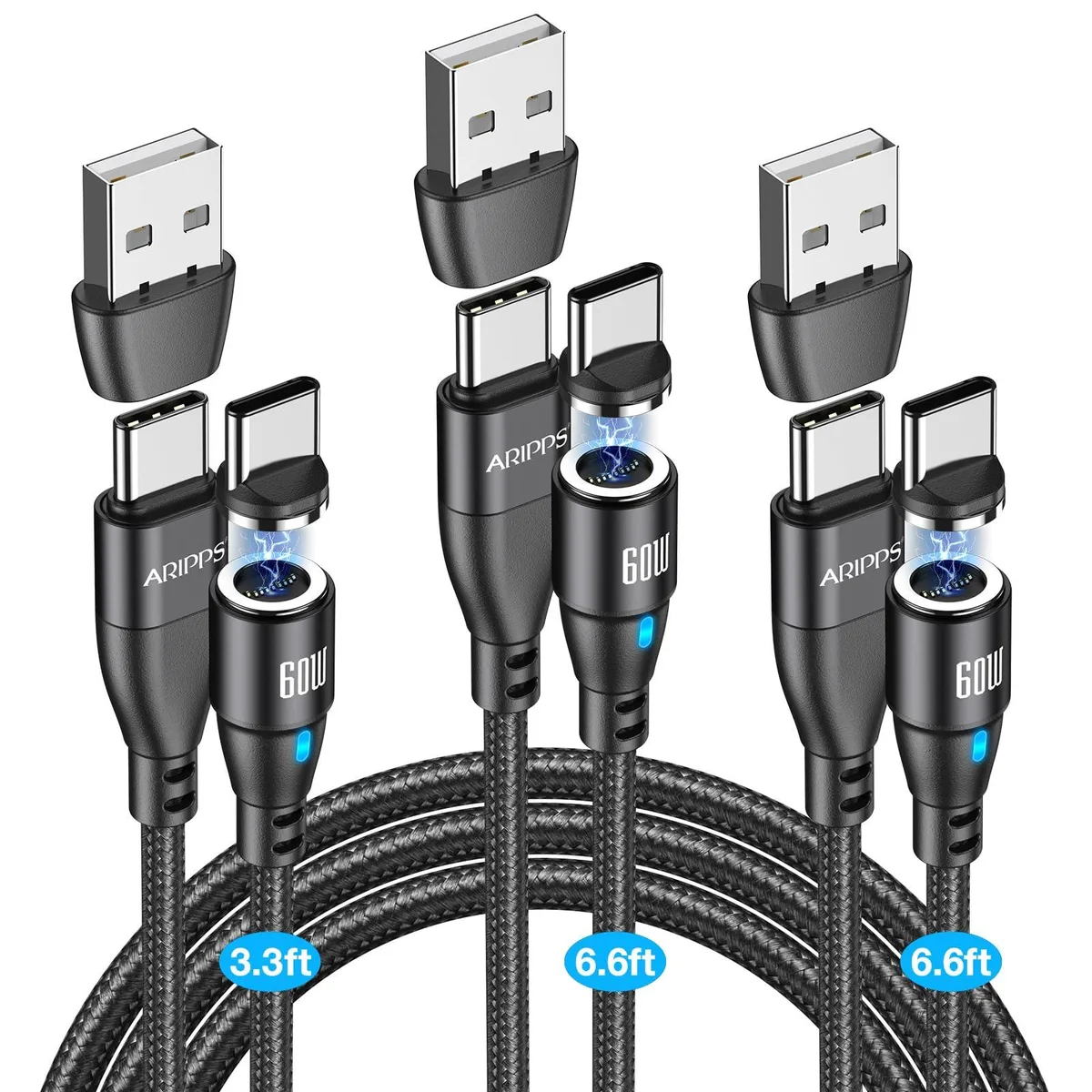 Three orange magnetic USB-C cables with USB-A adapters, lengths 3.3ft and 6.6ft