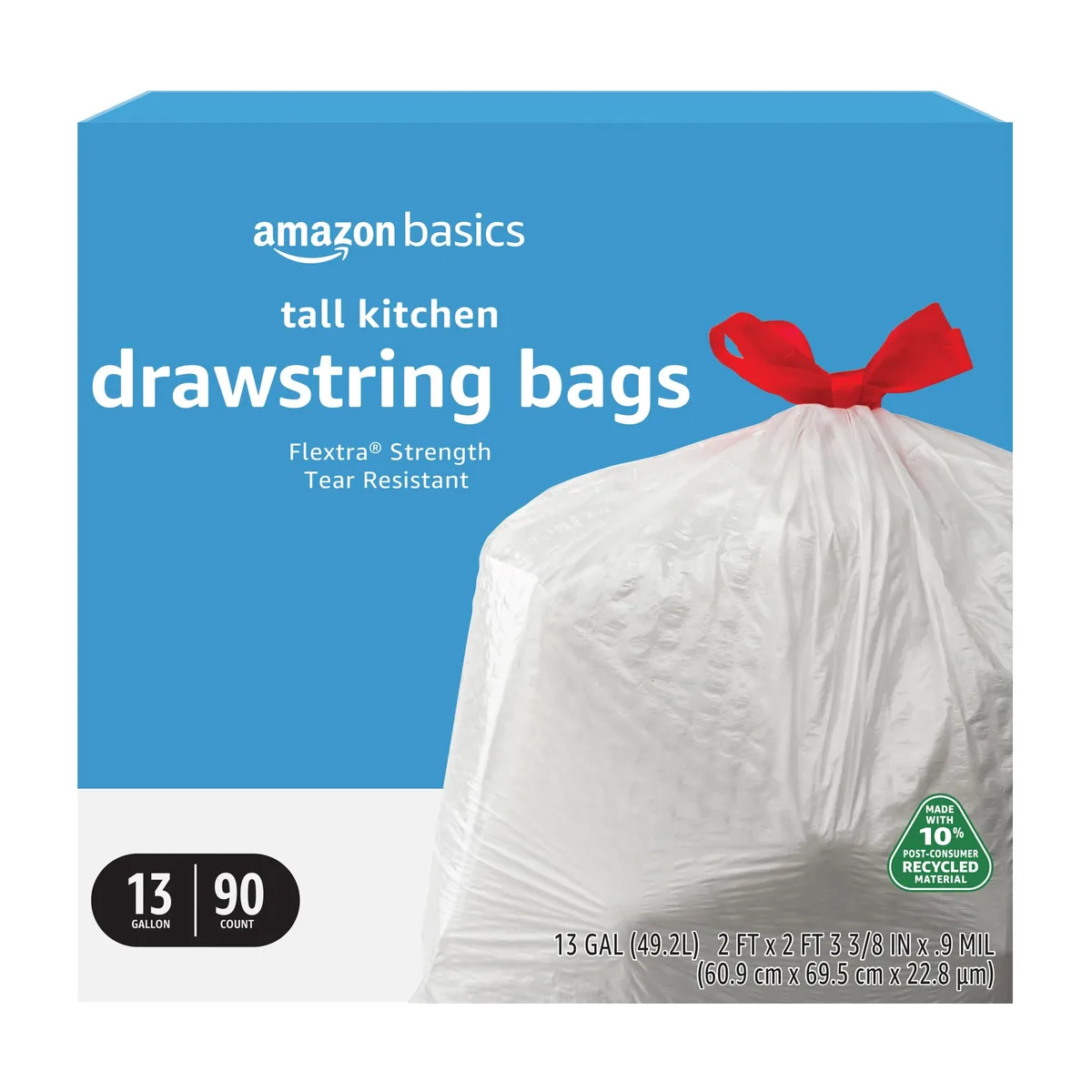 White rectangular box containing 90 drawstring kitchen trash bags, 13 gallon capacity