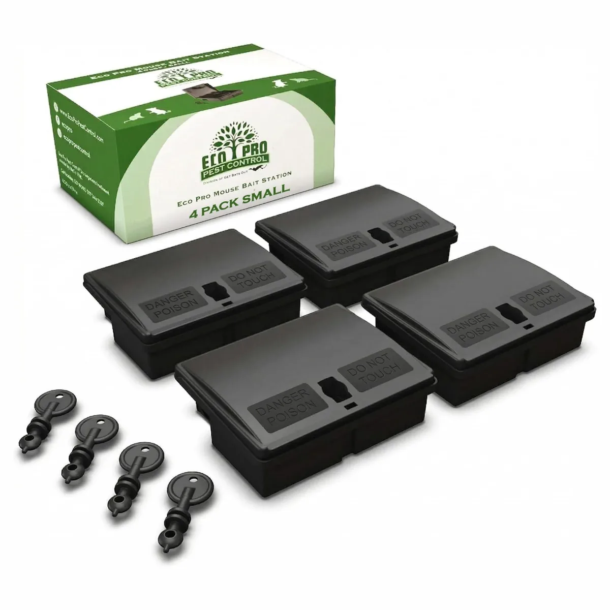 Four small rectangular black plastic boxes with lockable lids and key