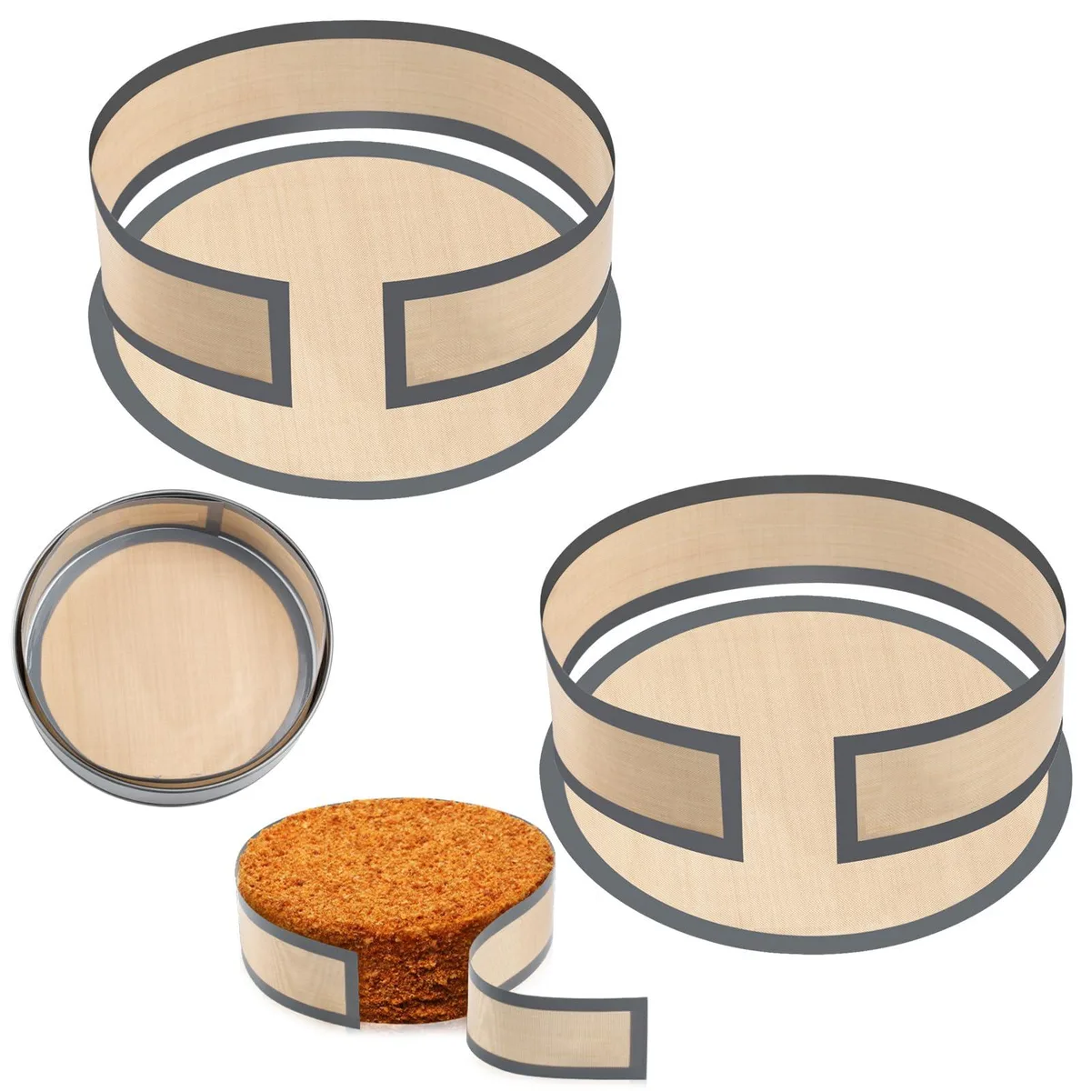 Two grey silicone springform pan mats, round with centre hole, flexible non-stick finish