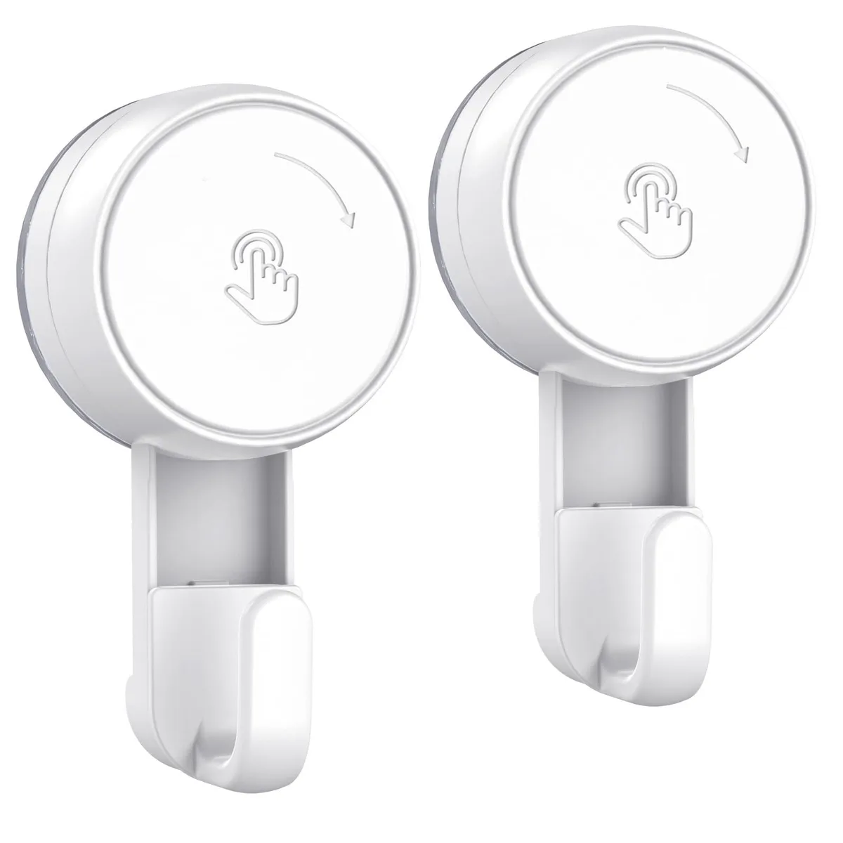 Two clear plastic suction hooks with rotating knobs, smooth glossy finish