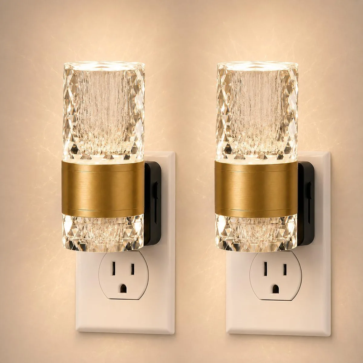 Two small acrylic night lights with crystal bubble texture and ring detail, plug-in design