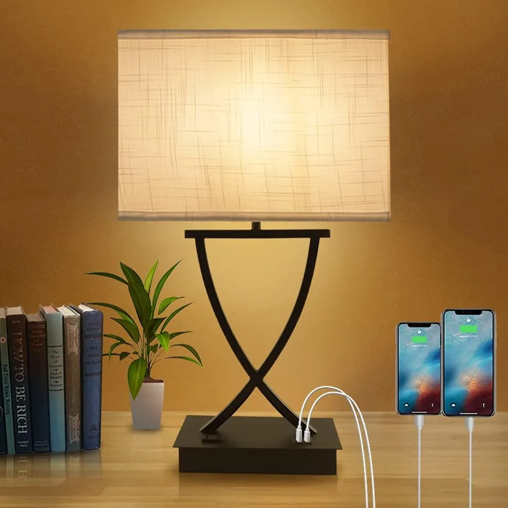 White linen rectangular shade on coated metal base with touch control and USB-C port, 21.26 inches tall
