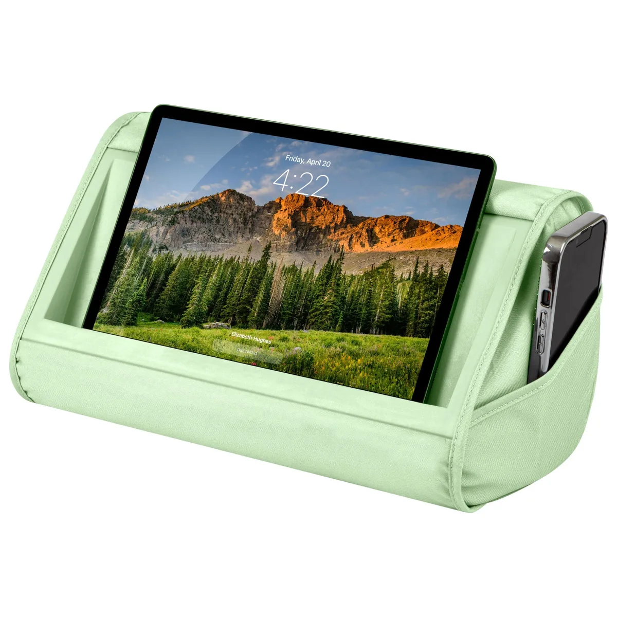 Sage green tablet pillow stand with 11 inch slot and side pocket