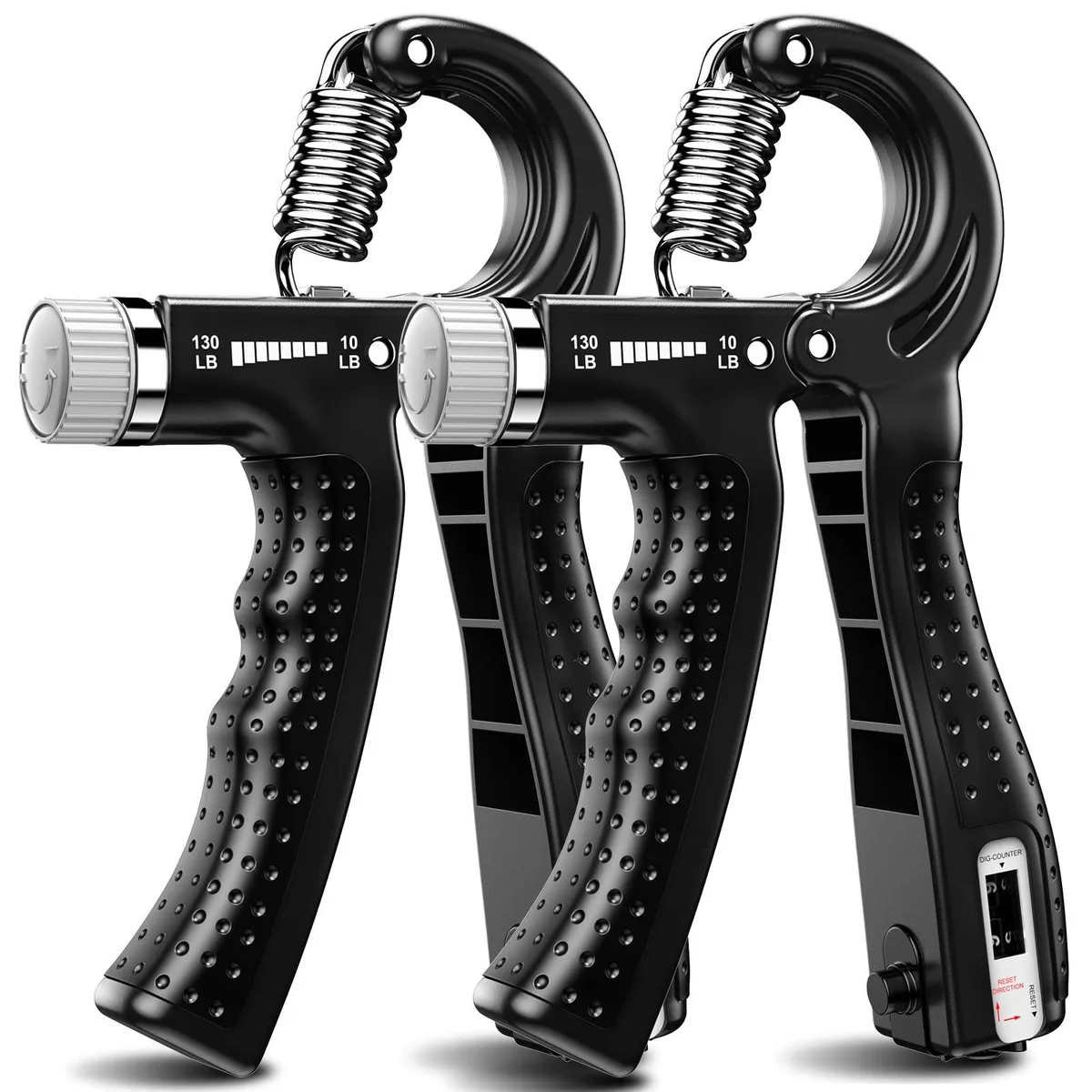 Two black adjustable hand grippers with counting display
