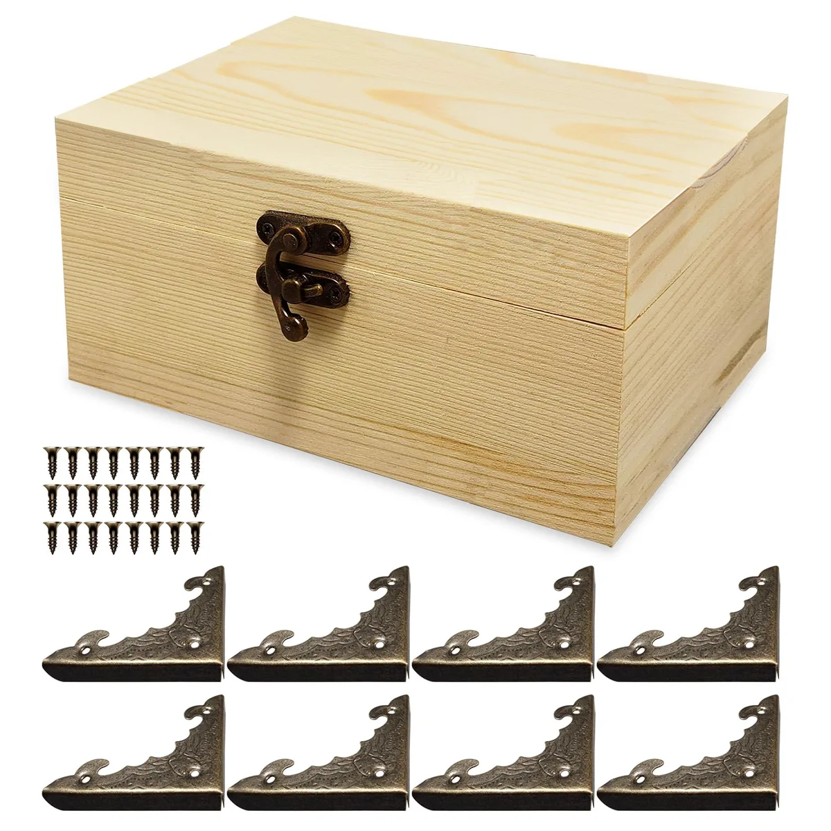 Unfinished pine wooden box with hinged lid and metal corner protectors, 6.7 by 5.1 by 3.1 inches