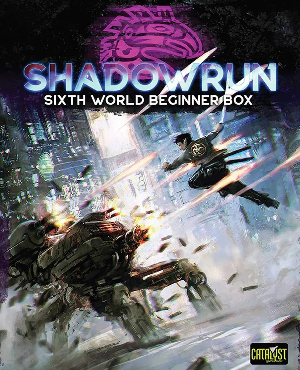 Cardboard box with Shadowrun Sixth World beginner set contents visible